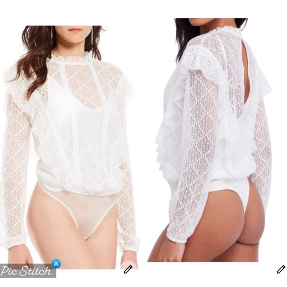 FREE PEOPLE Goldie white lace bodysuit top shirt sz XS intimately FP high collar - Picture 3 of 7